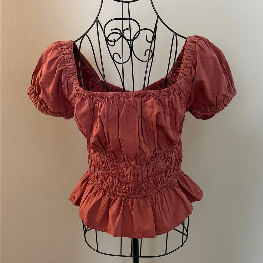 Elegant Puff Sleeve Peplum Blouse - Terracotta - Picture 3 of 6